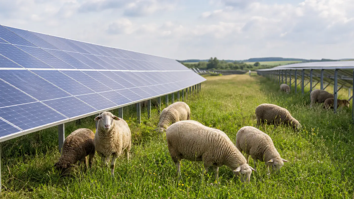 Schafe zwischen Photovoltaik-Reihen